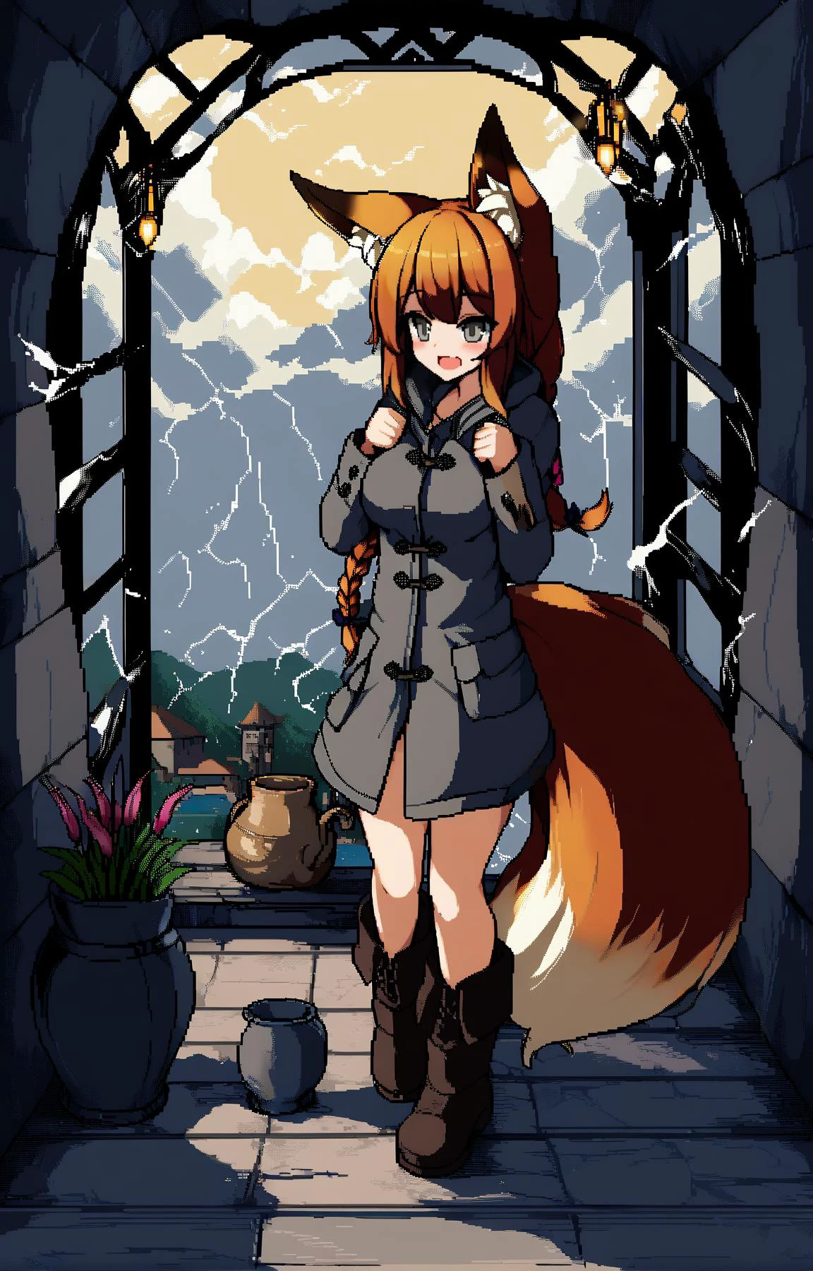 (by koretsuki azuma, by minaha \(playjoe2005\), by konagi \(konotuki\),:0.9)
BREAK
1girl,fox girl, fox ears, fox tail, scenery, very long hair, braid,
Auburn hair, Gray eyes,
smile, panicking, Duffle Coat, upright_straddle, Pottery, proud pose, grey background, Thunderstorm, Pixel Art, Gladiolus, Monet. fruit pattern, Candle light, Cel shading
,(best quality, masterpiece:1.2)