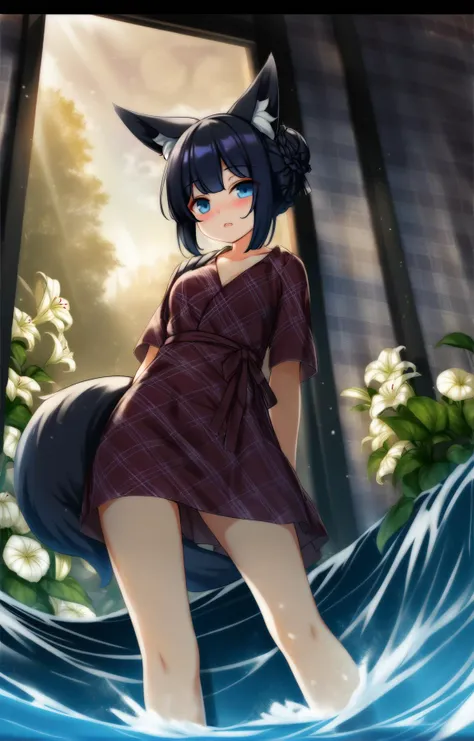 (by minaha \(playjoe2005\), by fufumi, by kuro kosyou,:0.9)
BREAK
1girl,fox girl, fox ears, fox tail, scenery,  very short hair, braided bun,
Burgundy hair, Blue eyes,
confused, yandere, Wrap Dress, sitting_on_shoulder, Surfing, standing, plaid background, Spring, renaissance oil painting, Lily, Rembrandt. morning glory print, beautifully lit, Soft shading
,(best quality, masterpiece:1.2)