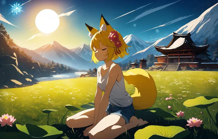 1girl,
animal_ear_fluff, fox girl, fox ears, fox tail, eyelashes, blonde hair, short hair, yellow eyes, hair flower, denim shorts, sleeveless shirt, lotus position, meditating, closed eyes,
cute girl meditating, calm atmosphere, epic landscape,
([clear blue sky, ancient japanese temple, sun, sunrays, meadows, mountain, fuji, grass, flowers, river | night, dusk, (snowflakes:1.1), moon, snow, frozen shards, cold wind, winter, cave, dark night, low color gamma, dark colors, low brightness]:1.1),
best quality, masterpiece, low_brightness