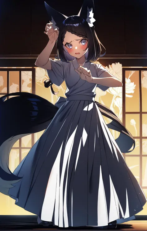 (by shiro youduki,:0.9)
BREAK
1girl,fox girl, fox ears, fox tail, scenery,  bald girl, braided bangs,
Jet black hair, Silver eyes,
 furled brow, embarrassed, Maxi Skirt, archer_pose, Tai chi, jojo pose, gothic, Bathed in shadows, Pastel Painting, Carnation, Munch. paw print, Reflected light, Phong shading
,(best quality, masterpiece:1.2)