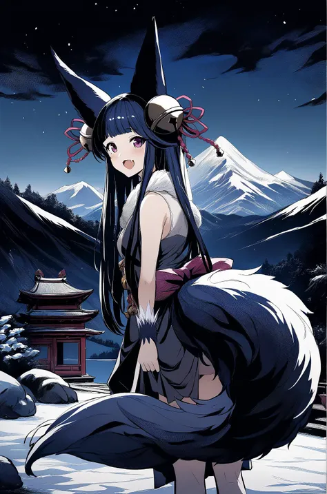 1girl,
yuel \(granblue fantasy\), granblue fantasy, animal ear fluff, [black|blue] hair, blunt bangs, fang, forehead, fox ears, fox girl, (big fluffy fox tail), hair ornament, hair ribbon, long bangs, long hair, purple eyes, bell, sleeveless dress, from behind, :d, lifted by tail, 
outdoors, asian temple, outdoors, dusk, sunset in mountains, lake, snow peaks, dark night, low color gamma, dark colors, low brightness
best quality, masterpiece