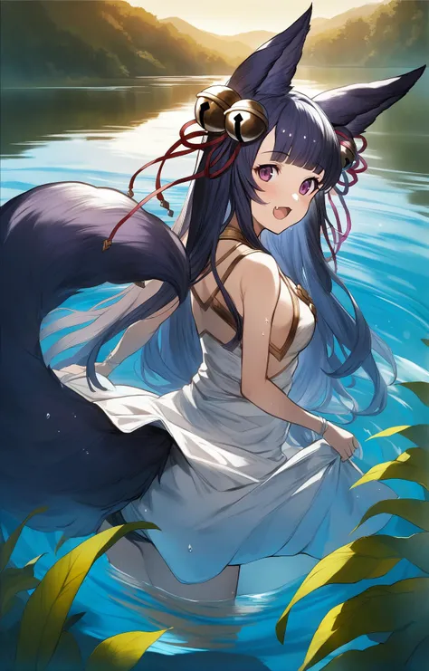 1girl,
yuel \(granblue fantasy\), granblue fantasy, animal ear fluff, [black|blue] hair, blunt bangs, fang, forehead, fox ears, fox girl, (big fluffy fox tail), hair ornament, hair ribbon, long bangs, long hair, purple eyes, bell, sleeveless dress, from behind, :d, lifted by tail, 
(half body under water:1.3), standing, lake, water, reflections, grass, sky
best quality, masterpiece
