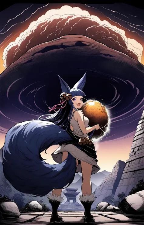 1girl,
yuel \(granblue fantasy\), granblue fantasy, animal ear fluff, [black|blue] hair, blunt bangs, fang, forehead, fox ears, fox girl, (big fluffy fox tail), hair ornament, hair ribbon, long bangs, long hair, purple eyes, bell, sleeveless dress, from behind, :d, lifted by tail, 
outdoors, ancient temple, ruins, rocks, mountains, dusk, sunset, view from underneath, (megastructure high in the sky:1.3), (gigantic explosion far away, nuclear strike:1.2), (dark night, low color gamma, dark colors, low brightness:1.2)
best quality, masterpiece