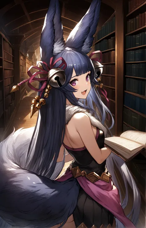 1girl,
yuel \(granblue fantasy\), granblue fantasy, animal ear fluff, [black|blue] hair, blunt bangs, fang, forehead, fox ears, fox girl, (big fluffy fox tail), hair ornament, hair ribbon, long bangs, long hair, purple eyes, bell, sleeveless dress, from behind, :d, lifted by tail, 
(in library:1.2), (garish clothes:1.1), D&D, medieval fantasy, (beautiful detailed library:1.2), (intricately detailed background:1.1), splash art
best quality, masterpiece