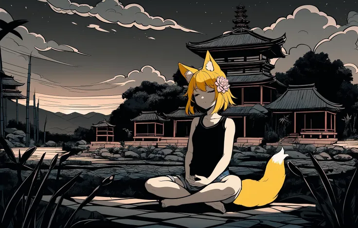 1girl,
animal_ear_fluff, fox girl, fox ears, fox tail, eyelashes, blonde hair, short hair, yellow eyes, hair flower, denim shorts, sleeveless shirt, lotus position, meditating, closed eyes,
cute girl meditating, calm atmosphere, epic landscape,
outdoors, stone garden, bamboo, small poind, asian garden, pagoda, night, dusk, cloudy, chiaroscuro, (dark night, low color gamma, dark colors, low brightness:1.1),
best quality, masterpiece, low_brightness