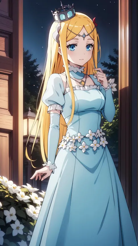 Light blue Circle dress, masterpiece, best quality, Solo, blonde, light blue eyes, long hair, <lora:renner-theiere-chardelon-ryle-vaiself:0.7>, renner-theiere-chardelon-ryle-vaiself, Dark forest with particles, trees, flowers, night, sky, stump
