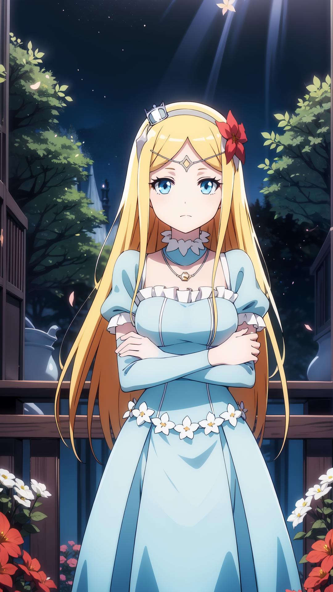 A girl in a blue dress standing in front of a window - SeaArt AI