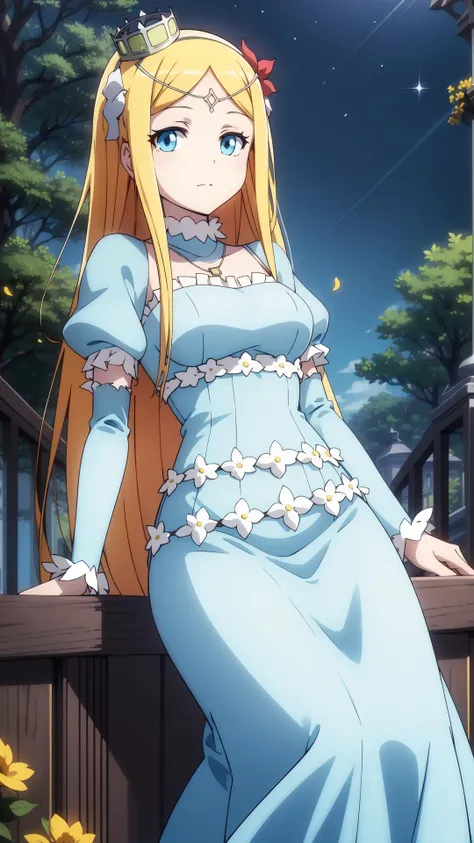 (Reaching towards viewer:1.2), Light blue Circle dress, masterpiece, best quality, Solo, blonde, light blue eyes, long hair, <lora:renner-theiere-chardelon-ryle-vaiself:0.7>, renner-theiere-chardelon-ryle-vaiself, Dark forest with particles, trees, flowers, night, sky, stump