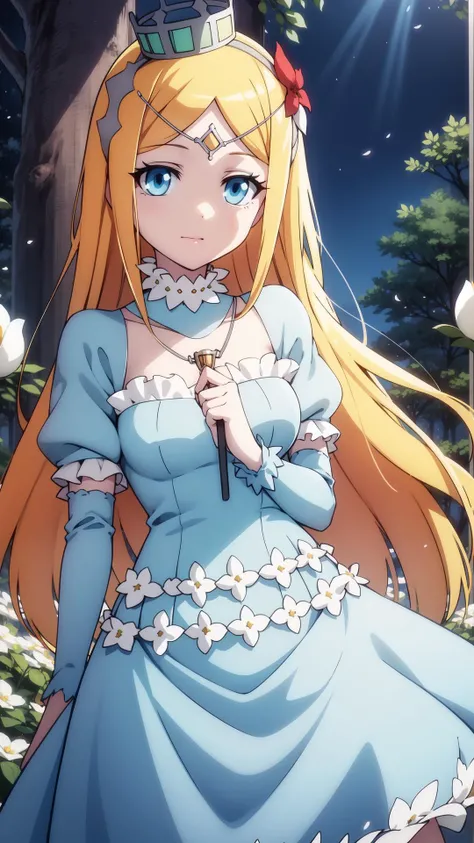 Sleeves, frills, (white flowers on dress:0.9), Close up, Light blue Circle dress, masterpiece, best quality, Solo, blonde, light blue eyes, long hair, <lora:renner-theiere-chardelon-ryle-vaiself:0.7>, renner-theiere-chardelon-ryle-vaiself, Dark forest with particles, trees, flowers, night, sky, stump