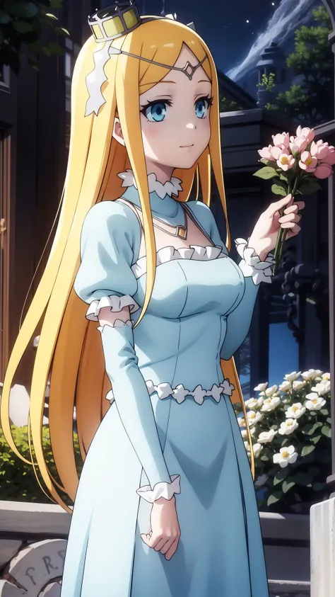 frills, Close up, Light blue Circle dress, masterpiece, best quality, Solo, blonde, light blue eyes, long hair, <lora:renner-theiere-chardelon-ryle-vaiself:0.7>, renner-theiere-chardelon-ryle-vaiself, Dark forest with particles, trees, flowers, night, sky, stump