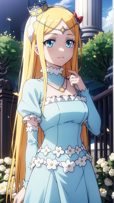 frills, Close up, Light blue Circle dress, masterpiece, best quality, Solo, blonde, light blue eyes, long hair, <lora:renner-theiere-chardelon-ryle-vaiself:0.7>, renner-theiere-chardelon-ryle-vaiself, Dark forest with particles, trees, flowers, night, sky, stump