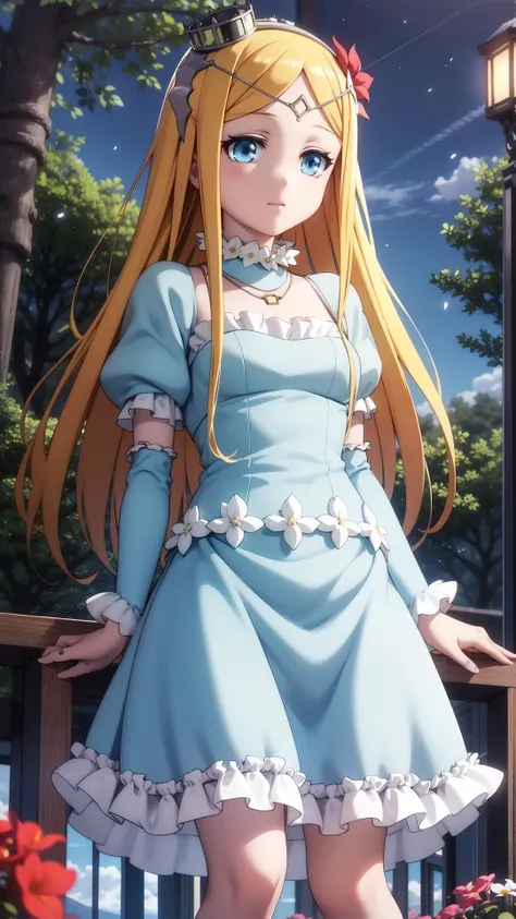 frills, Close up, Light blue Circle dress, masterpiece, best quality, Solo, blonde, light blue eyes, long hair, <lora:renner-theiere-chardelon-ryle-vaiself:0.7>, renner-theiere-chardelon-ryle-vaiself, Dark forest with particles, trees, flowers, night, sky, stump