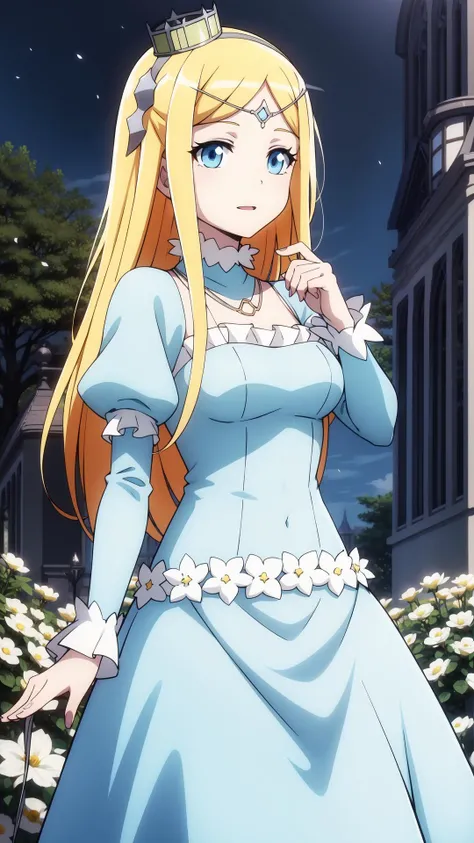Sleeves, frills, (white flowers on dress:0.9), Close up, Light blue Circle dress, masterpiece, best quality, Solo, blonde, light blue eyes, long hair, <lora:renner-theiere-chardelon-ryle-vaiself:0.7>, renner-theiere-chardelon-ryle-vaiself, Dark forest with particles, trees, flowers, night, sky, stump