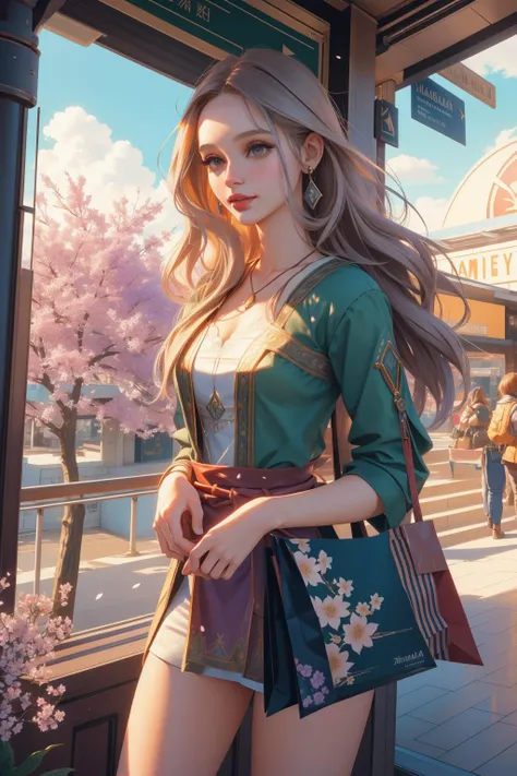 ZM_kayla, (designed by Mitch Griffiths:1.2) , masterpiece Chalk painting, majestic, landscape of a ([Shopping mall|Elder scrolls]:1.3) from inside of a Train station, it is very Formal and Evocative, Purple blossoms with Branch, Smoky Conditions, Realistic, Fairy-Tale, Villagecore, Sun Rays, L USM, Cold Colors, dreamy, rich color, adobe lightroom, octane engine, close-up, ethereal, upper class