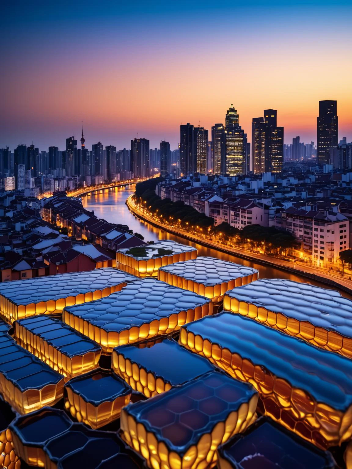 A bustling cityscape at dusk, the buildings' windows glowing like cells in a honeycomb, the streets below a flowing river of dvr-honey, captured in a long exposure with a Sony Alpha a7R III,<lora:HoneyStyle:1> <lora:EnvyBetterHiresFixXL01:0:hr=1>