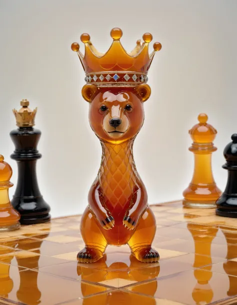 a [chess piece :honey bear:17] made of dvr-honey,  wearing a crown, in the style of William Copley and Ismail Inceoglu  <lora:HoneyStyleV2:1> , on a chess board with large squares and pieces in the background.