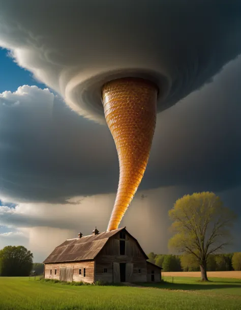 nature photography  of [ big leaning  tornado approaching :a leaning tornado made of dvr-honey:6], BREAK, a barn off to the side, in the style of grant wood and ansel adams, the sky has an eirie glow, Chiaroscuro
<lora:HoneyStyleV2:1.2>