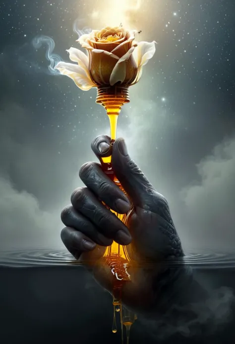  zombie hand She holds a white rose made of honey made of dvr-honey  epic, majestic, magical, fantasy art, cover art, dreamy . smoke , dust 
<lora:HoneyStyleV2:0.8><lora:HoneyStyleV2:0.8>