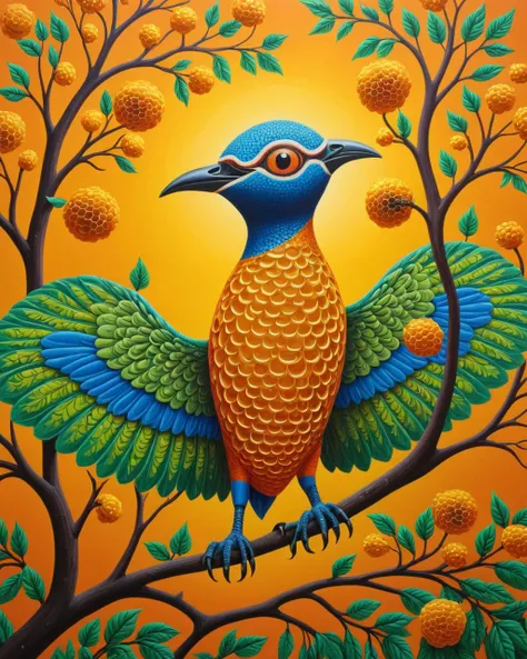 Gond painting, ("Michael":1.1) , Strange and Universal, Intricate patterns, vibrant colors, detailed motives, nature-inspired themes, tribal folklore, fine lines, intricate detailing, storytelling compositions, mystical and folkloric, cultural richness, <lora:HoneyStyle:1> dvr-honey, made of dvr-honey