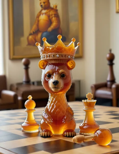 a [chess piec :honey bear:17] made of dvr-honey,  wearing a crown, in the style of William Copley and Ismail Inceoglu  <lora:HoneyStyleV2:1> , on a chess board with large squares and pieces in the background.