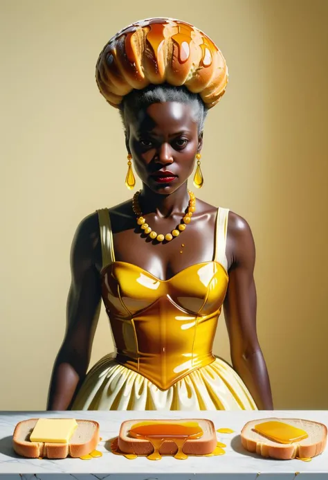 <lora:HoneyStyle:1>, dvr-honey, by Kerry James Marshall, Marlene Dumas and Jack Gaughan, Painting, Pastels artwork, Raw digital photo,close up of a Mature elegant Punks (Female Maffiosi:1.3) , she is wearing a Dress Made out of Bread and Butter, The Dress Made out of Bread and Butter is tailored by Pierpaolo Piccioli, Dark hair styled as Faux hawk, Sharp and in focus, ultrafine detailed, Fairy-Tale, American Impressionism, Sunlight, Cinematic, Fujifilm XT3, F/8, Electic Colors, wallpaper, octane engine, (8k uhd:0.8) ,diamond dripped in honey