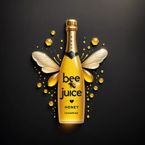 <lora:Harrlogos_v2.0:0.8> text logo "Bee Juice", black, yellow, a bottle of champagne <lora:HoneyStyle:1> dvr-honey