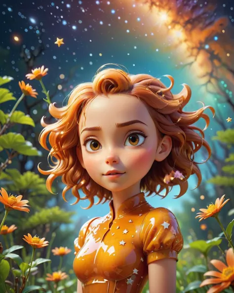 masterpiece, Cutecore, stylized, Unappealing ("Floowandereeze & Robina":1.3) , spring background, dense fauna, Stars in the sky, Bokeh, Depth of field 270mm, complementary colors, Swirling Orange, Concept Art World, ultra high res, <lora:HoneyStyleV2:1> dvr-honey