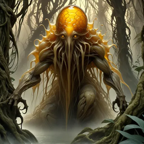 <lora:HoneyStyle:0.8> dvr-honey, made of dvr-honey,, famous artwork by (david hudnut:1.4) and (justin sweet:1.4) and (cliff nielsen:1.2) and (brian froud:1.3), (dramatic scene:1.1), (fractal art:0.5), fantasy style, dynamic angle, this fearsome abomination, the wispy waterhobbler, with its form ever twisting and contorting in unnatural ways, stalks the dense (fog-shrouded jungles:1.3) of planet yuckman iii in the cover of its gigantic primordial flora and eerie juxtaflurged nopfdriggle <lora:add-detail-xl:2>
