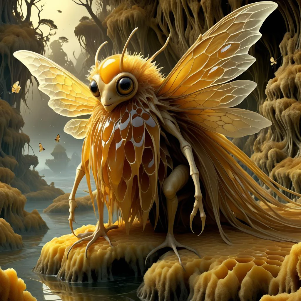 <lora:HoneyStyle:0.8> dvr-honey, made of dvr-honey,, famous artwork by (wendy froud:1.1), detailed expressive eyes, fantasy style, (fractal art:1.0), this ethereal creature, the shrieking plerkflorb with its vassled feathery wings is well camouflaged amidst the foggy prodimanting (floating islands and sky-reefs:1.4) of the (exotic planet:1.2) fartman <lora:add-detail-xl:2>