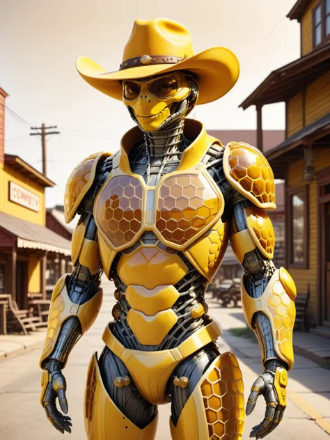 anthro turtle yellow transparent cyborg suit wearing a cowboy hat in an old cowboy town, honeycomb pattern <lora:HoneyStyle:1> dvr-honey