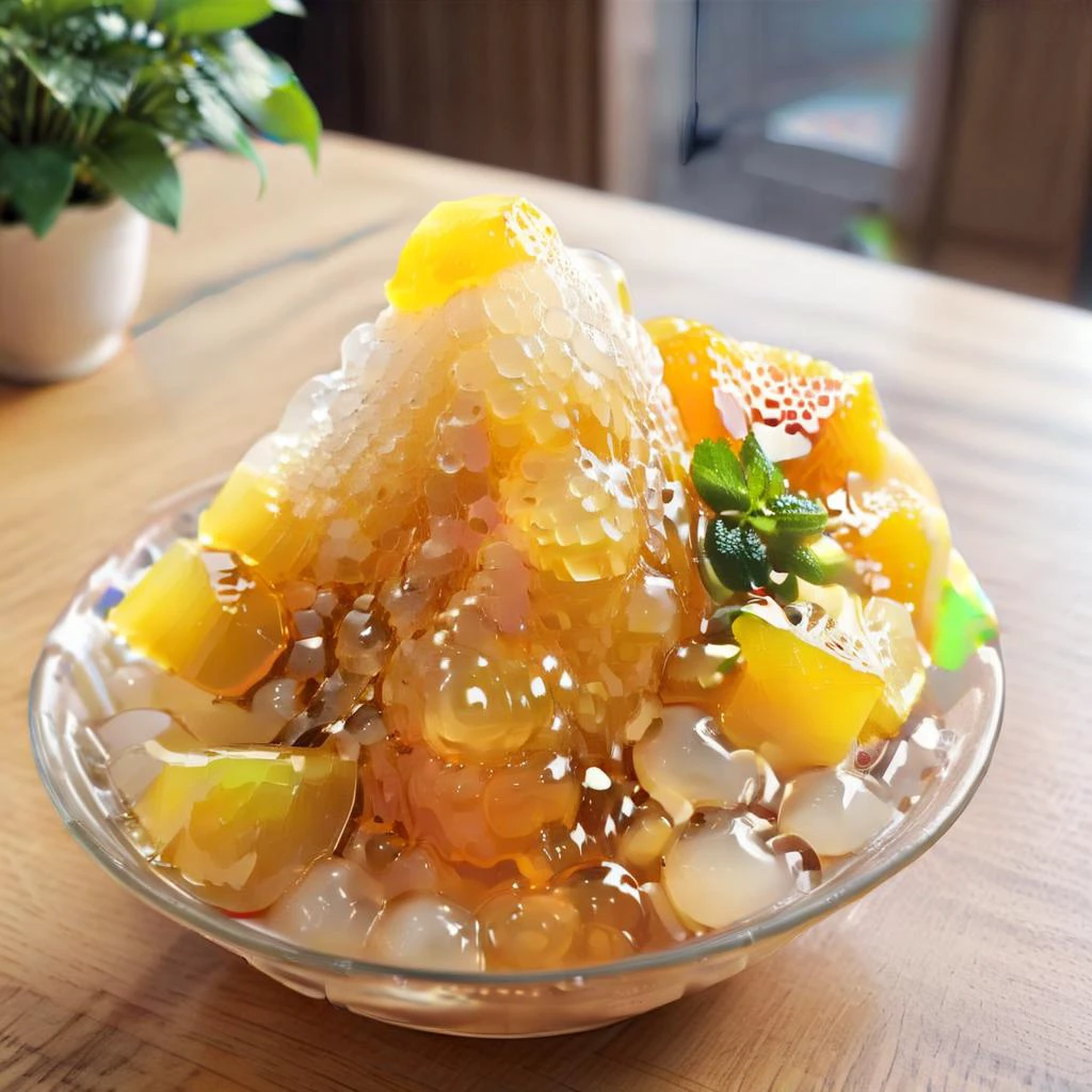 Generate an image of a popular Taiwanese dessert, known for its refreshing and jelly-like texture, often served cold with a sweet syrup and lemon juice. The dessert appears translucent, with a soft, slightly chewy consistency, resembling small pearls in a bowl, accompanied by a vibrant lemon slice and a sprig of mint for garnish. The background suggests a summery, outdoor setting, enhancing the refreshing appeal of this traditional treat. , <lora:icetw:0.8>, <lora:HoneyStyle:1> dvr-honey, made of dvr-honey,