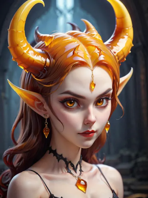 cute succubus,pointy ears,demon horns,earrings,<lora:HoneyStyleXL:0.9>, dvr-honey,made of dvr-honey,