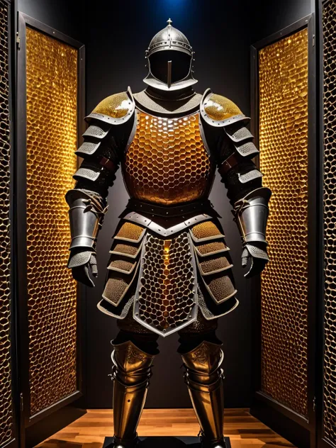 An intricate armor set from medieval times displayed in a museum, the metalwork detailed with dvr-honey and honeycomb patterns, under dramatic spotlights, shot with a Canon EOS 5D Mark IV for historical grandeur,<lora:HoneyStyle:1> <lora:EnvyBetterHiresFixXL01:0:hr=1>