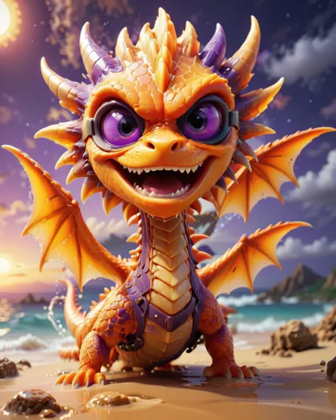 Unity Engine, Abstract Art, (fluorescent orange theme:0.7) , Snug hefty Sardinian (Spyro the Dragon:1.2) , in Chibi Beachwear, Action scene, his hair is Colored, Tough Buckles, Elevating Goggles, Qing Dynasty background, at Sunrise, Hopeless, Neon Light, L USM, DayGlo purple and dark violet dust particles, hyperdetailed, <lora:HoneyStyleV2:1> dvr-honey