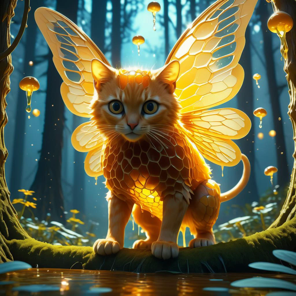 <lora:HoneyStyle:0.8> dvr-honey, made of dvr-honey,, famous artwork by (mark tedin:1.3) and (dan frazier:1.4) and (beeple:1.2) and (winona nelson:1.4), detailed expressive eyes, fantasy style, the mythical feline snotplunk with its iconic iridescent wings glimpering in the moonlight, it often flunks among the bioluminescent mushrooms and glowing fireflies in the glurfeling forest glades on planet lardspargel vii <lora:add-detail-xl:2>