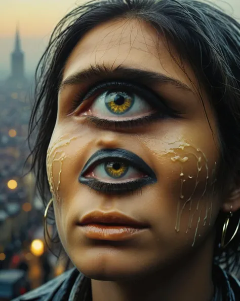 Chalk painting, Energizing "Eye of the Beholder", 1970'S Bucharest in background, Foggy, dark art stylized by Jeremy Mann, Ultra Real, side light, 35mm, de dia los muertos, <lora:HoneyStyle:1> dvr-honey, made of dvr-honey