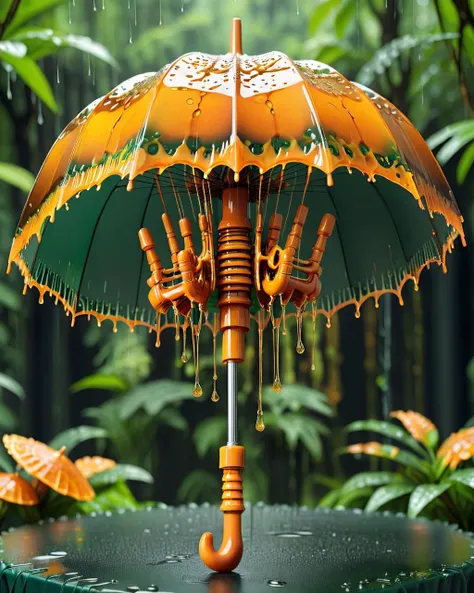 dripping orange and Vivid, Mecha-Umbrella, intricate details, it is with dark green print, overly complex style, made of dvr-honey, <lora:HoneyStyleV2:1>