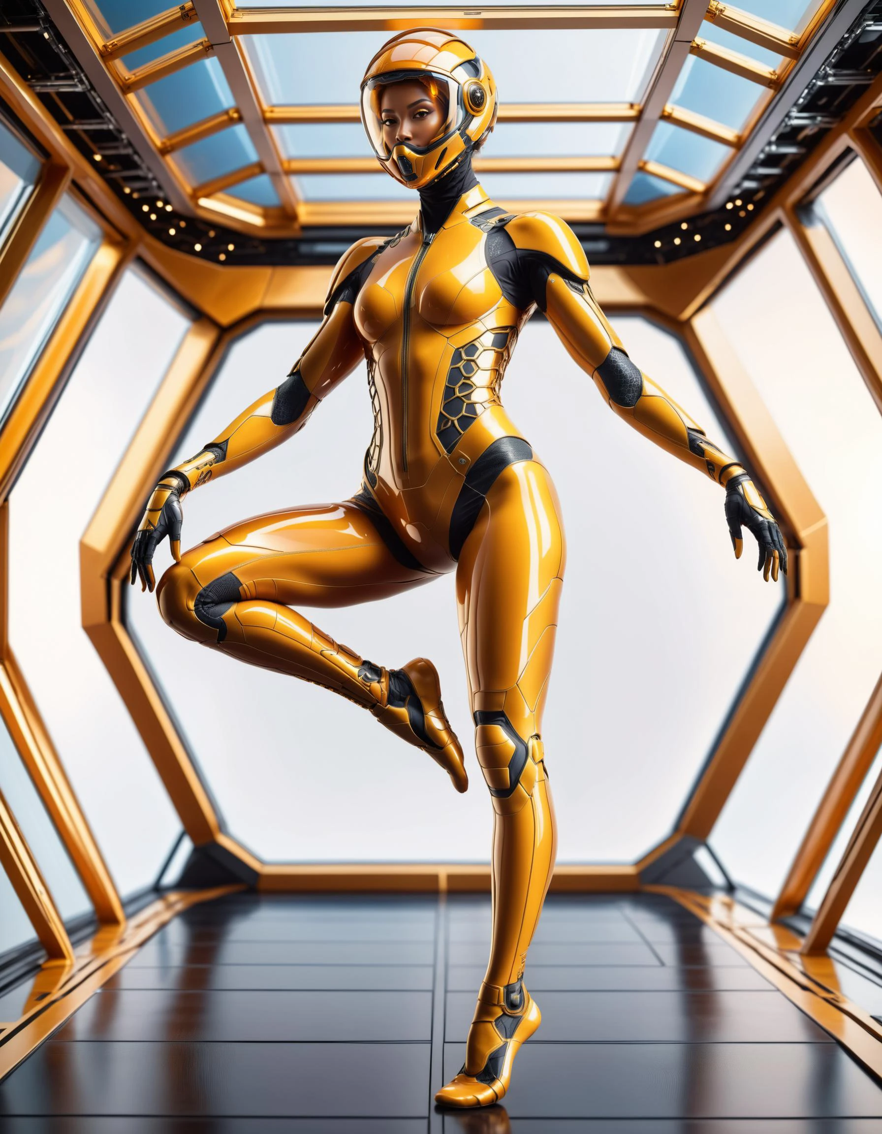 Maximalist free self-expression in (flexible pose:1.2) with one leg up, (high tech cyber suit:0.4) <lora:HoneyStyle:1> dvr-honey