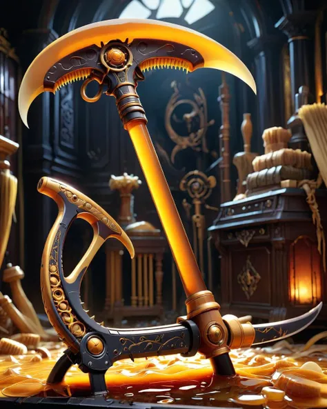insane details, Scythe, inspired by Google, Bathed in shadows, Wide view, Warmcore, back-light, Polychromatic, <lora:HoneyStyleV2:0.8> dvr-honey