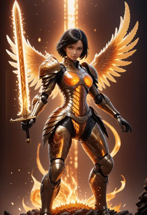 <lora:HoneyStyle:1> a battle angel holding a flaming sword, intricate transparent scales armor made of dvr-honey