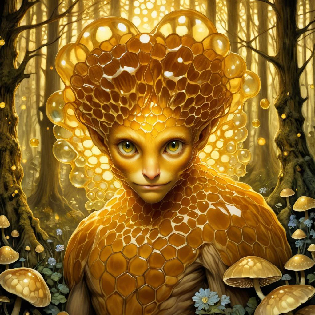 <lora:HoneyStyle:0.8> dvr-honey, made of dvr-honey,, famous artwork by (rebecca guay:1.1) and (chuck lukacs:1.4), detailed expressive eyes, fantasy style, the mythical hairy spittledemon with its iconic iridescent scales karfuddeling in the moonlight, it often shmuggles among the bioluminescent mushrooms and glowing fireflies in the shmarfeling forest glades on planet shmergelheim x <lora:add-detail-xl:2>