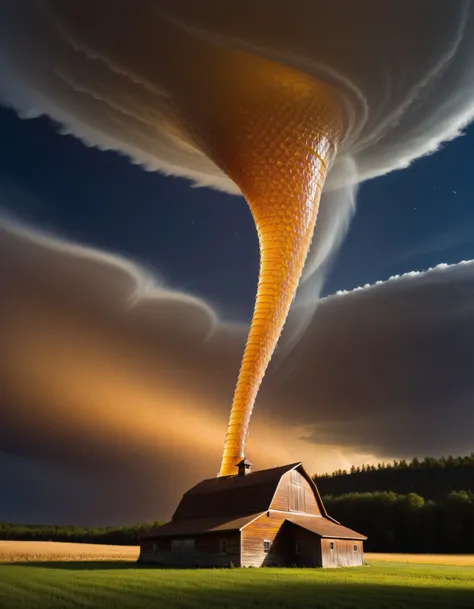 nature photography  of [ big leaning  tornado approaching :a leaning tornado made of dvr-honey:6], BREAK, a barn off to the side, in the style of grant wood and ansel adams, the sky has an eirie glow, Chiaroscuro
 <lora:HoneyStyleV2:1.2>