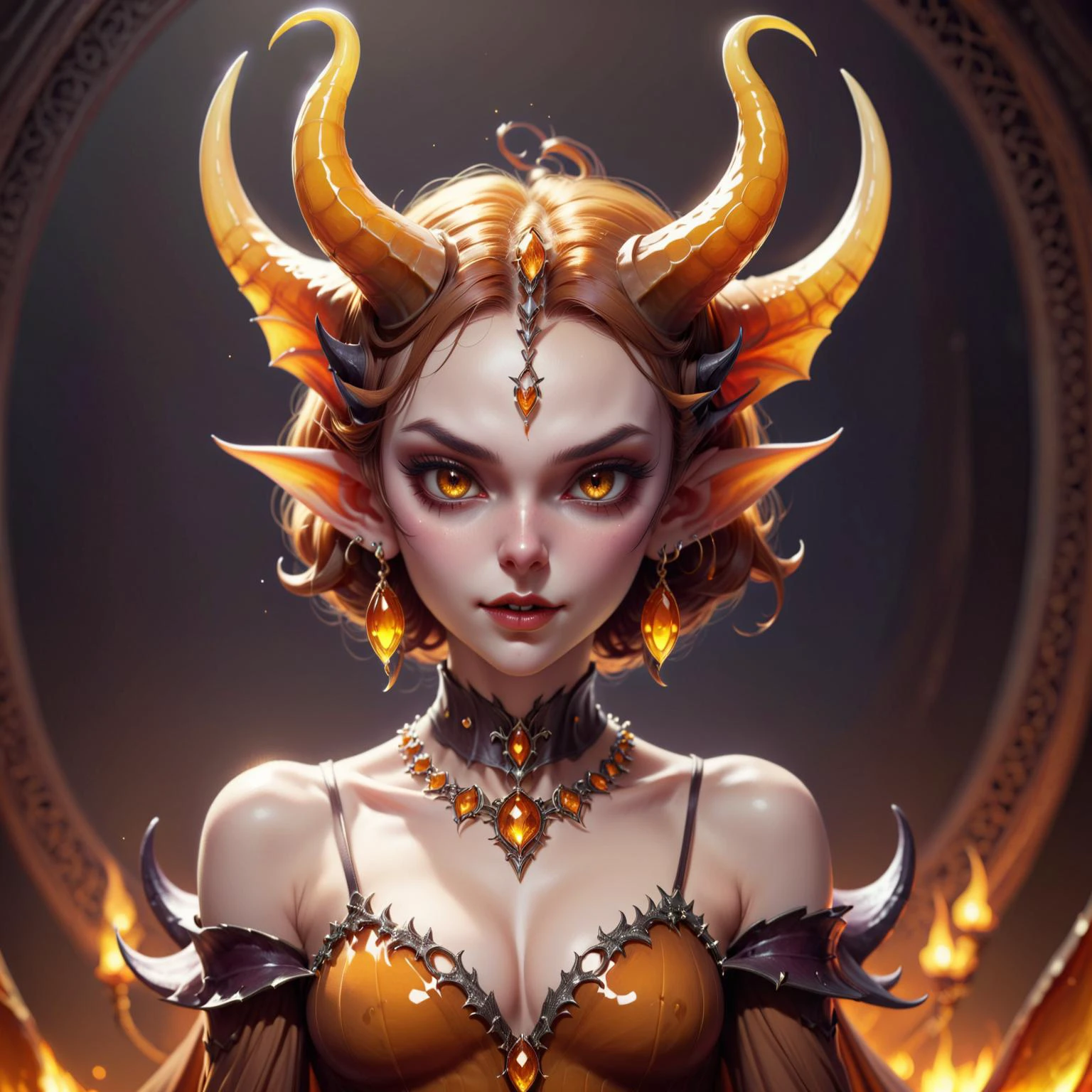Fairy tale cute succubus,pointy ears,demon horns,earrings,chocker,gems,jewelry,dvr-honey,made of dvr-honey,,,sheer clothes,high heels,Warm Brown lipstick,iridescent trim,Gray eyes,<lora:HoneyStyleXL:1>, . Magical