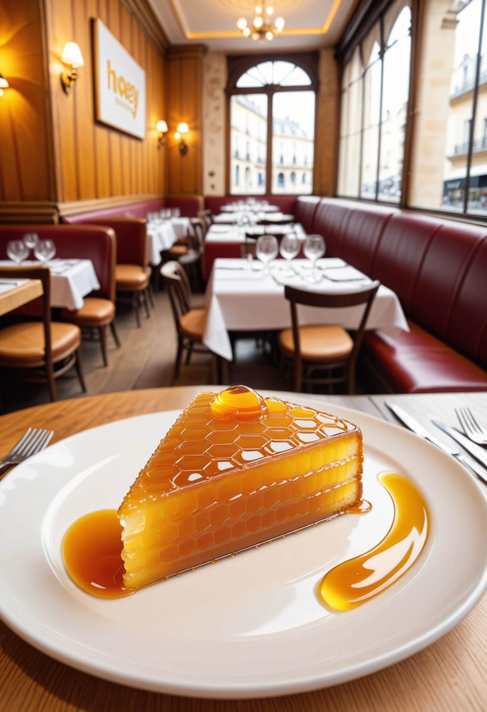 a cake slice made of dvr-honey on a table in a french restaurant <lora:HoneyStyle:1>
