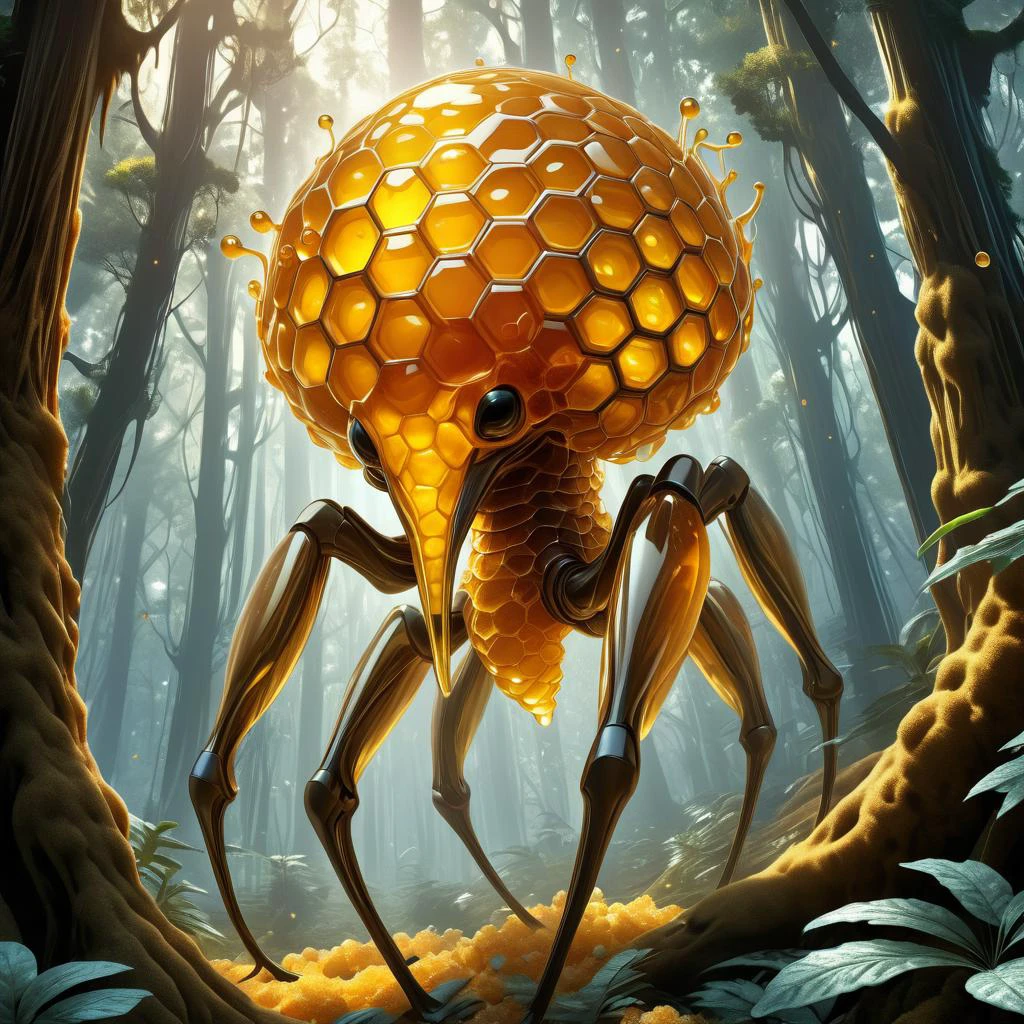 <lora:HoneyStyle:0.8> dvr-honey, made of dvr-honey,, famous artwork by (david stoupakis:1.1), crystalline, (fractal art:1.0), fantasy style, this peculiar life form, the necromantic snuffledigger hides in the zorgbaffling dense crystal jungles of the exibilliarouted exoplanet niceone x, covered in a metallic exoskeleton it (ambushes its prey:1.4) with (long crystalline appendages:1.3) <lora:add-detail-xl:2>