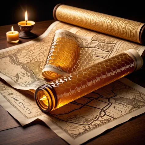 An ancient scroll unfurled to reveal a map made from dvr-honey, the paths and landmarks embossed with honeycomb, illuminated by candlelight for a vintage sepia-tone photograph effect <lora:HoneyStyle:1> <lora:EnvyBetterHiresFixXL01:0:hr=1>