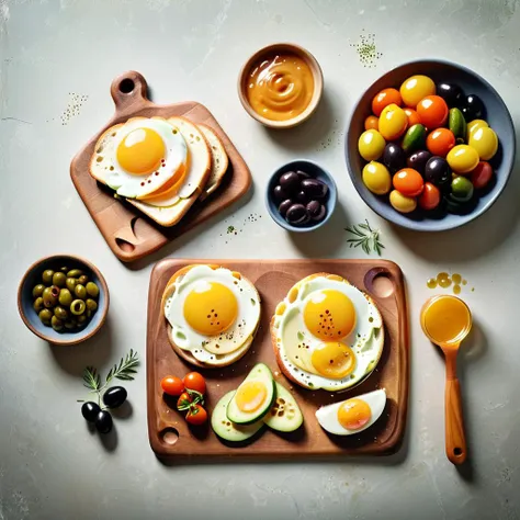 a wooden cutting board topped with two slices of bread covered in veggies and fruit next to a bowl of olives,Claire Dalby,food photography,a stock photo,superflat,honeymustard,spicy mayo,<lora:EnvyTrypophobiaXL01:0.8>,trypophobia,<lora:HoneyStyleXL:0.8>,dvr-honey,made of dvr-honey,<lora:ral-friedegg-sdxl:0.8>,ral-friedegg,