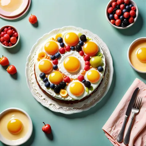 a cake with fruit on top of it on a table with a napkin and a fork and knife next to it,Alice Prin,berries,a pastel,serial art,honeymustard,spicy mayo,<lora:EnvyTrypophobiaXL01:0.8>,trypophobia,<lora:HoneyStyleXL:0.8>,dvr-honey,made of dvr-honey,<lora:ral-friedegg-sdxl:0.8>,ral-friedegg,