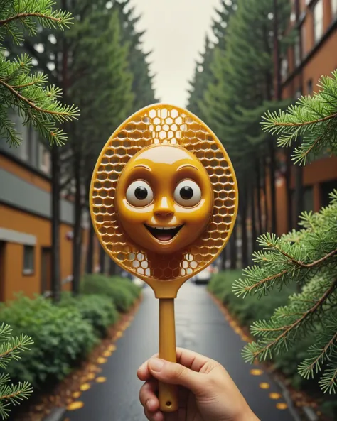 made of dvr-honey, Narrow (Handheld fan:1.2) , anthropomorphic with a face, forest and Juniper background, dense foliage and city street, soft focus, 35mm, BW, <lora:HoneyStyle:1> dvr-honey