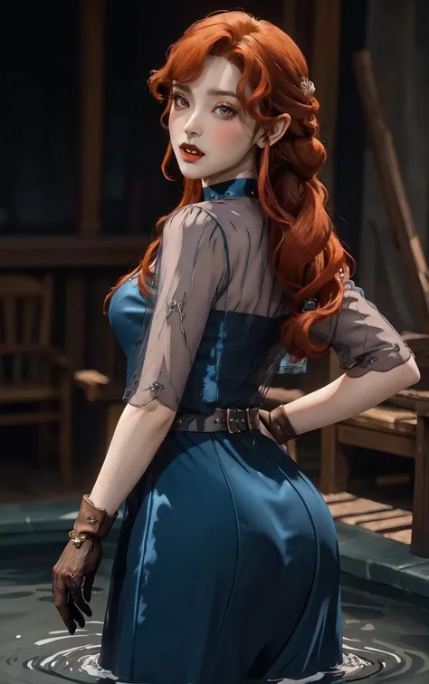 ((masterpiece, best quality)), insaneres, absurdres, solo, looking at viewer,
BlueDress_Lenore_ownwaifu,
1girl, long hair, red eyes, blush, pointy ears, lips, breasts, red hair, hair ornament, braid, fangs, makeup, lipstick, black lips, vampire, very long hair, wavy hair, colored skin, blunt bangs,
cleavage, dress, jewelry, gloves, blue dress, see-through, grey gloves, see-through sleeves, ring, long dress, belt, choker, bracelet,
(wading, ass support), waterfall, <lora:CARTOON_Castlevania_Lenore_ownwaifu:0.75>,
depth of field, vanishing point, garden, sidelighting,